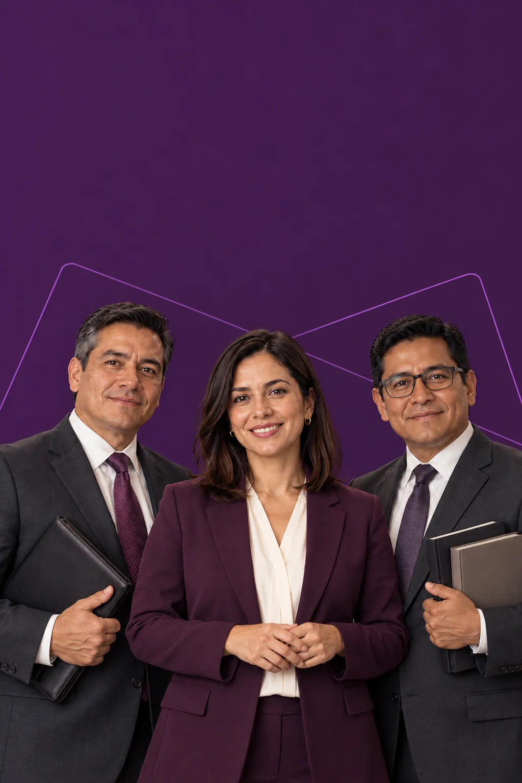 Tres profesionales con traje sobre un fondo ciruela