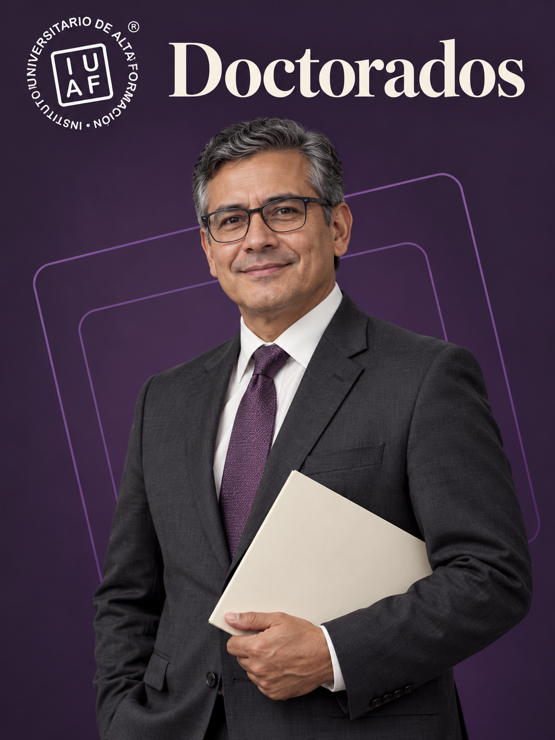Un profesional de cabello canoso y lentes sostiene documentos sobre un fondo ciruela