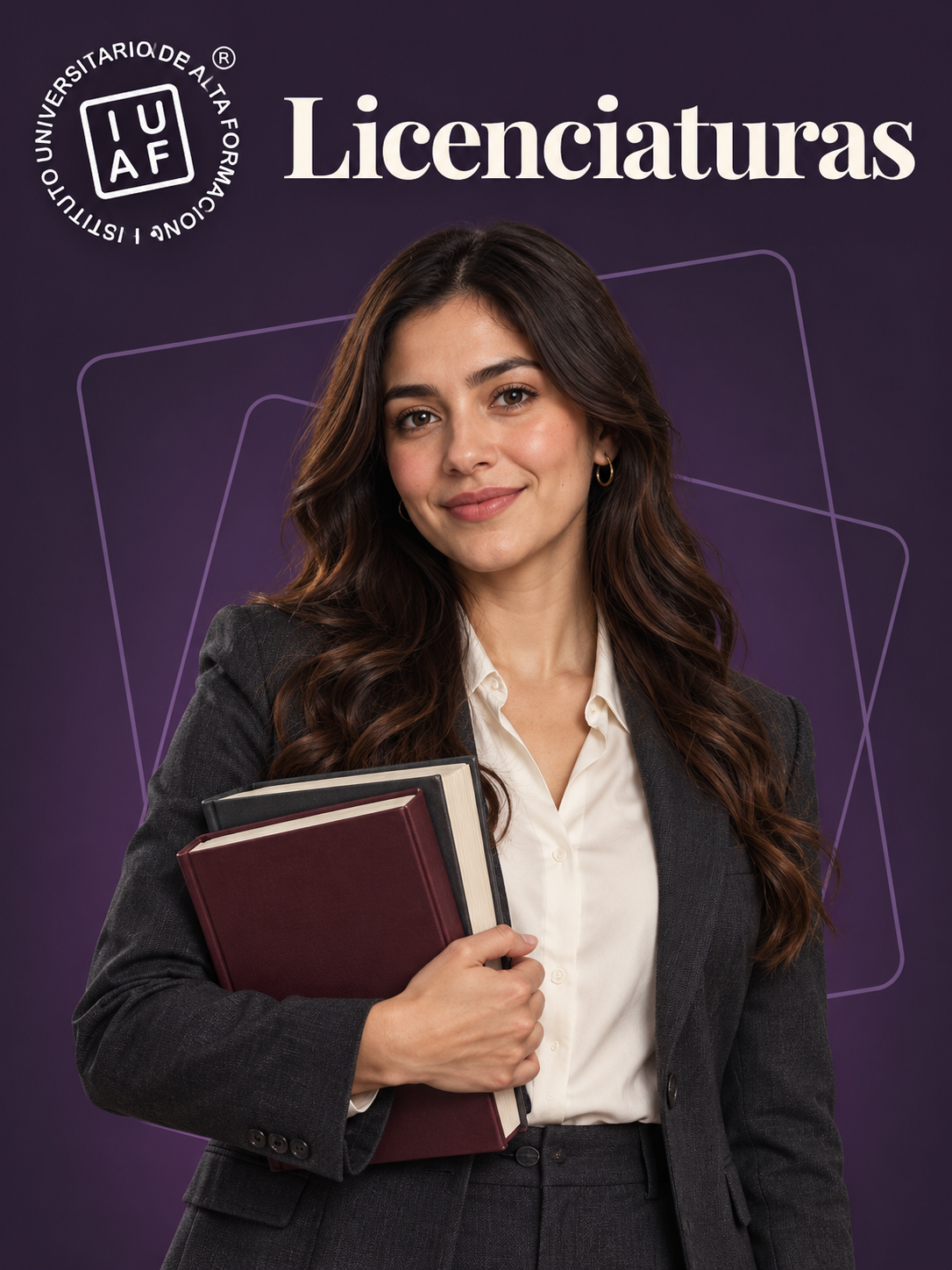 Una joven profesional con libros sobre un fondo ciruela