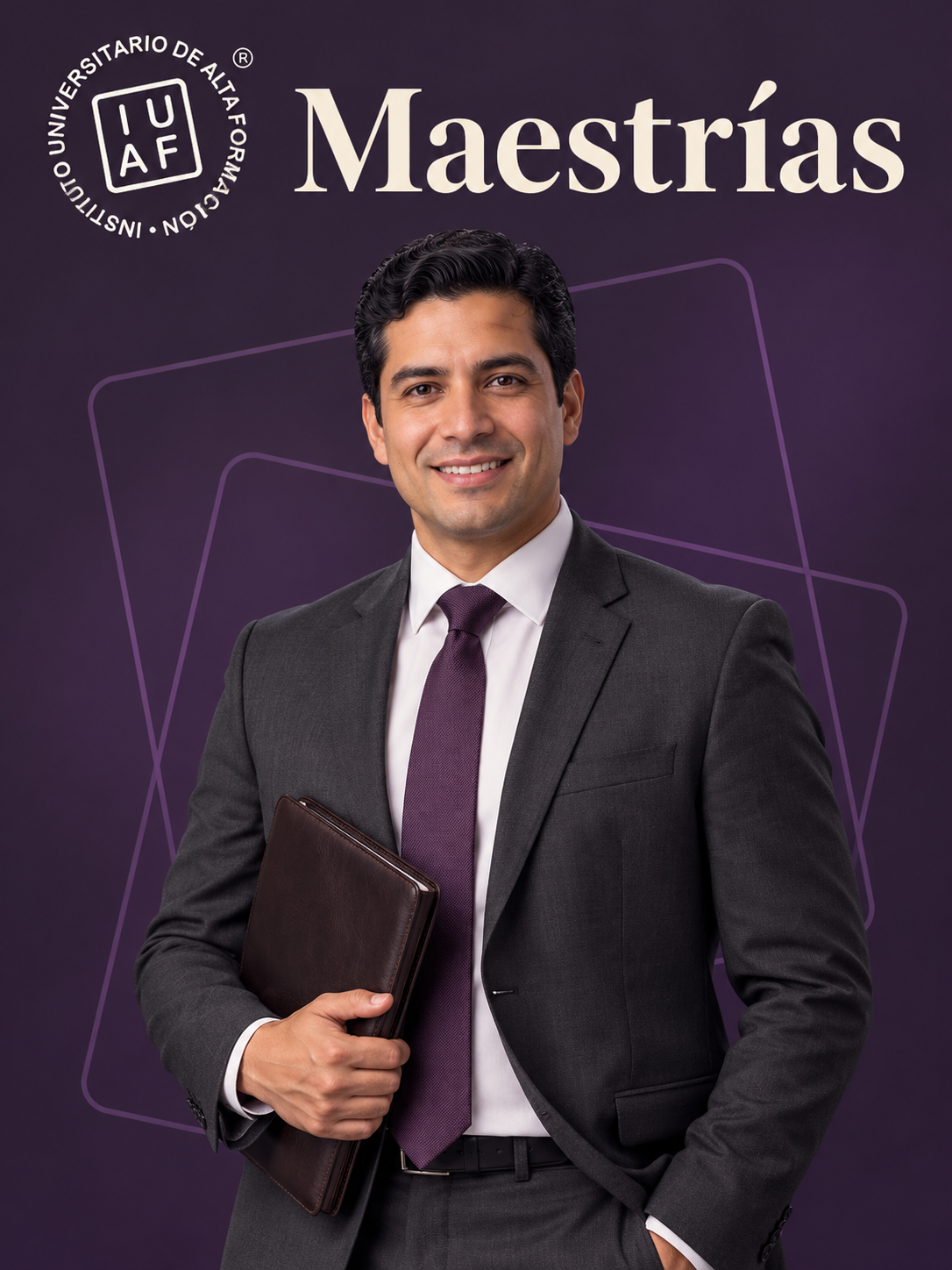 Un profesional con traje y un expediente sobre un fondo ciruela