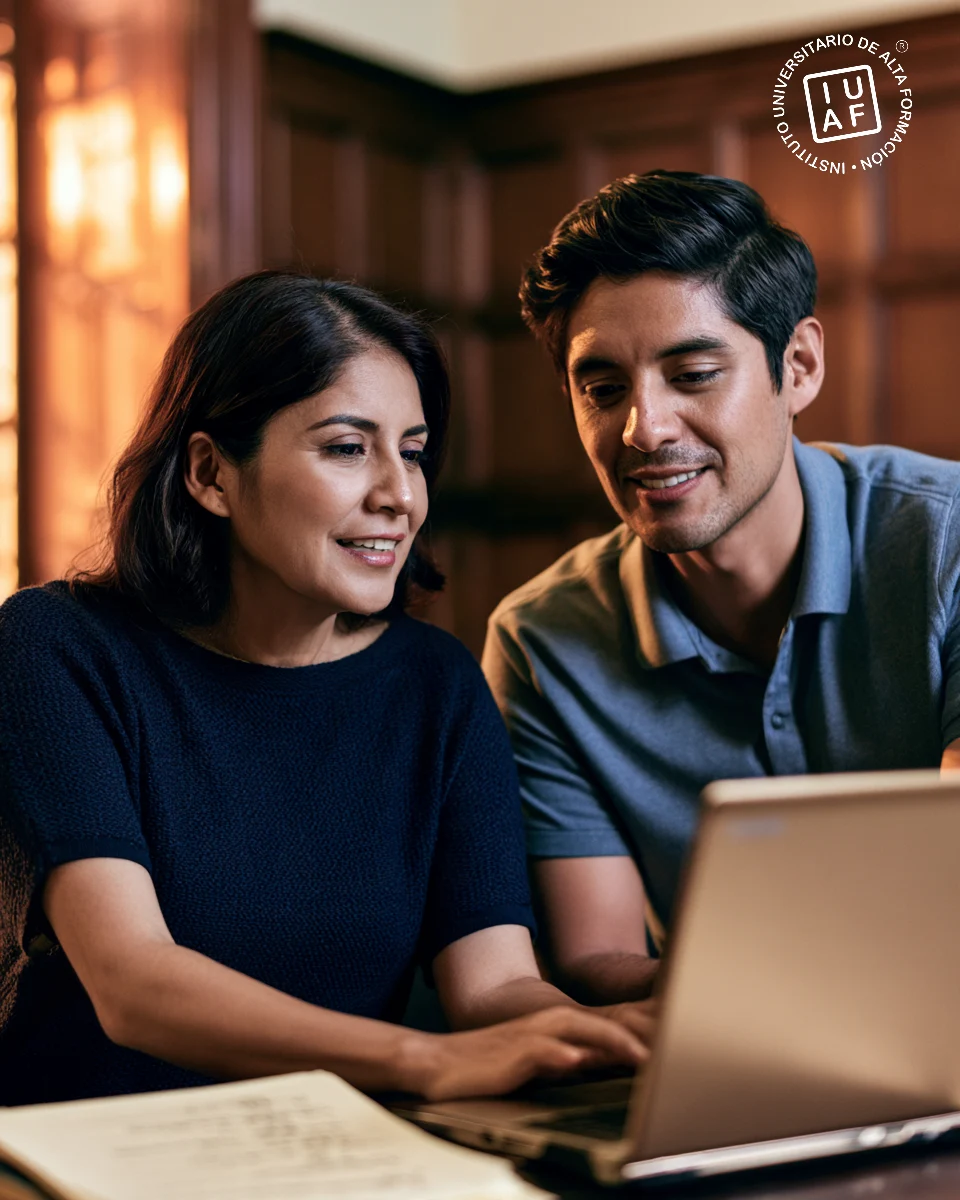 Dos personas estudian con una computadora portátil y materiales de aprendizaje