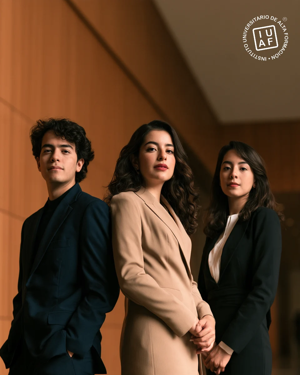 Tres jóvenes estudiantes de Derecho en un salón con paneles de madera