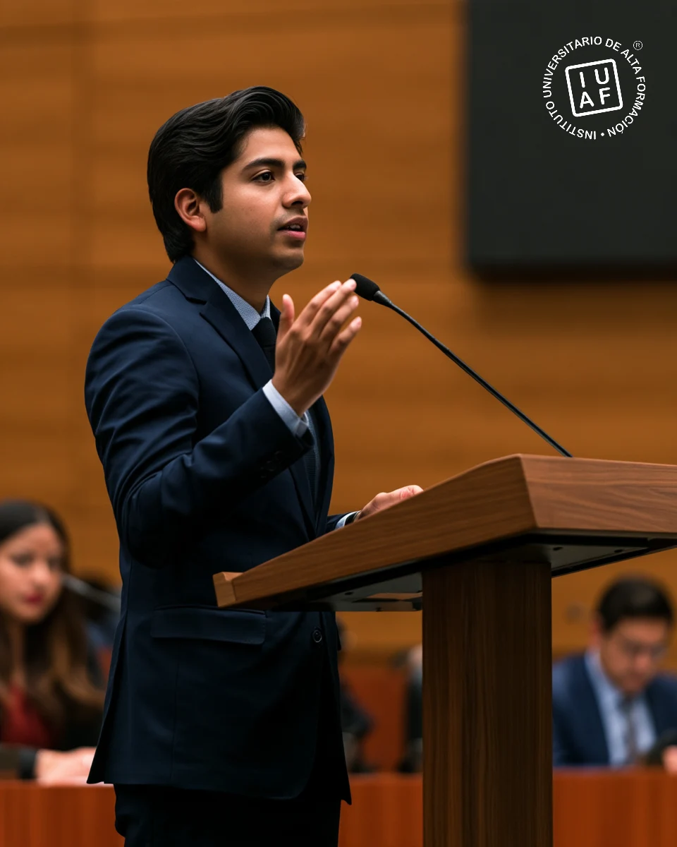Abogado expone en un podio durante una audiencia oral